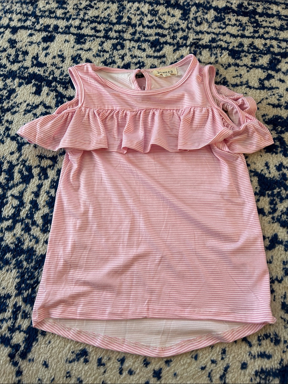 btween Pink & White Striped Ruffle Cold-Shoulder Top